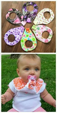 four different pictures of baby's bibs, one with a pacifier in it