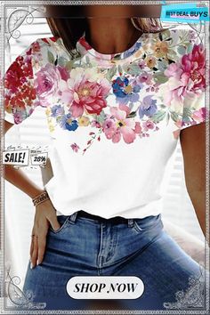 Casual Floral Crew Neck Short Sleeve T-shirt Crew Neck, T Shirts, Floral, Women's Top, T Shirt