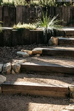 some rocks and plants are in the middle of a path that leads up to a wooden fence