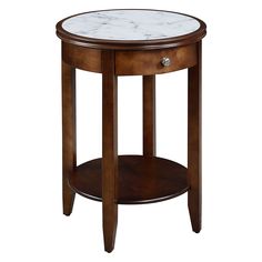 an end table with marble top and wooden legs