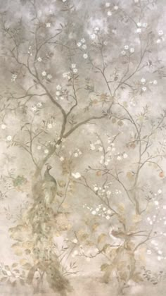 a painting of a tree with white flowers and birds on it's branches in front of a gray background