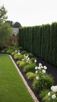 a long row of white flowers next to a lush green lawn and fenced in area