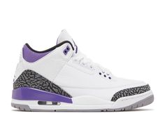 the air jordan 3 is in white, purple and black with an upper - cut outs