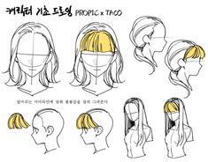 various hairstyles for the face and head in different positions, with text above them