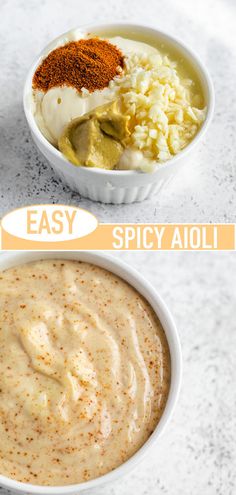 two bowls filled with different types of food and the words easy spicy aioli above them