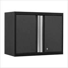 a black cabinet with two doors and silver handles