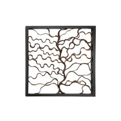 a metal wall sculpture with branches and leaves on it's sides, against a white background