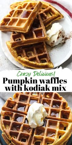 Easy homemade pumpkin waffles with kodiak mix recipe that is so good on a cold fall morning! Cooked on the waffle iron with warm pumpkin spice mix and dipped into a maple syrup, so delicious!