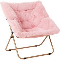 a pink chair sitting on top of a metal frame