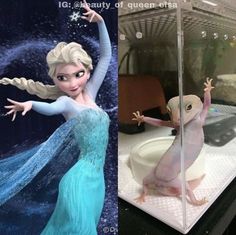 an image of a frozen princess doll next to a toy gecko in a display case