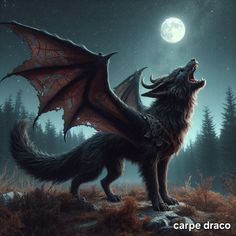 a wolf with its mouth open standing in front of a full moon