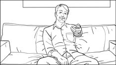 a black and white drawing of a man sitting on a couch holding a remote control