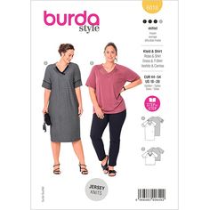 two women in dresses and sandals standing next to each other with the words, burda style