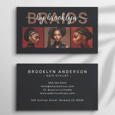 two business cards with the words brooklyn hair stylist on them, and an african woman's profile