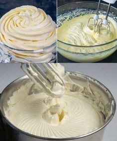 four pictures showing how to make the best meringue for cheesecakes and cake