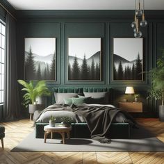 a bedroom with green walls and paintings on the wall