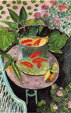 a painting of goldfish in a bowl on a table