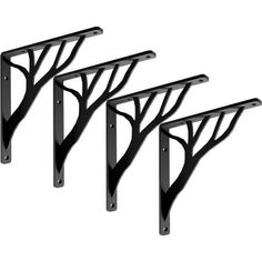 three black metal shelf brackets with trees on the top and bottom, set of 3