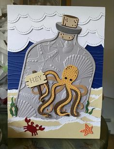 a card with an octopus in a bottle