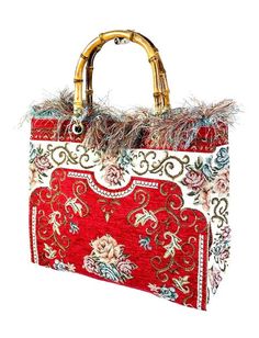 Italian Carpet Bag with Bamboo Handles Red Red Rectangular Bag With Bamboo Handle, Square Shoulder Bag With Bamboo Handle For Shopping, Red Double Handle Shoulder Bag With Rolled Handles, Red Shoulder Bag With Rolled Handles For Shopping, Red Travel Bags With Rolled Handles, Red Rectangular Shoulder Bag With Rolled Handles, Red Shoulder Bag With Rolled Handles, Carpet Bag, Red Bag