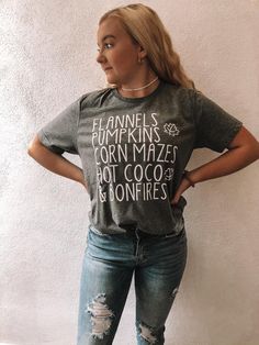 Flannels and Fall Tee | Sassy Shortcake Fitted Fall Graphic Tee Shirt, Oversized Distressed Fall T-shirt, Fall Graphic Tee With Slogan, Casual Fall T-shirt With Text Print, Fall Tshirt Designs, Fall Graphic Tee Soft-washed, Fall Tee Shirts, Cold Fits, Hot Coco