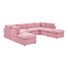 a pink sectional couch sitting on top of a white floor