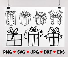 a black and white drawing of gift boxes with bows, hearts, and bowes