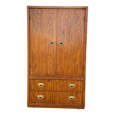 a tall wooden cabinet with two drawers on one side and three doors on the other