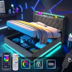 an image of a bed that is in the middle of some lights and remotes