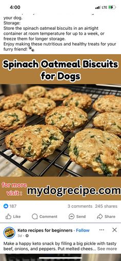 an image of some food cooking on a grill with the words spinach oatmeal biscuits for dogs