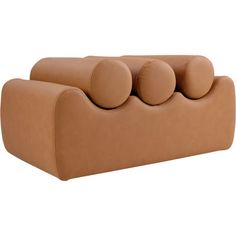 a brown leather couch with three pillows on it's back and four round cushions