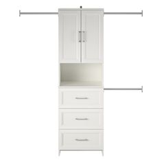 a white cabinet with three drawers and two hangers