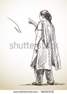 a woman standing and pointing at something with her hand sketched on white paper background