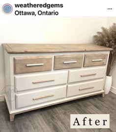 a white dresser with wooden drawers and the words before it is painted in light brown