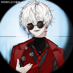 an anime character with white hair and black glasses, wearing a red jacket and tie