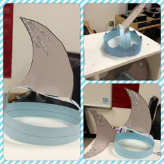 three pictures of a paper boat with glitters on the top and bottom, along with other photos of it