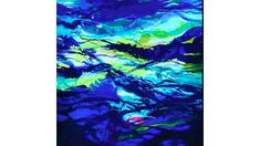 an abstract painting with blue, green and yellow colors