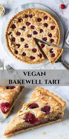 vegan bakewell tart with raspberries and almonds on top