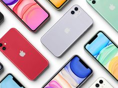 many different colored iphones are arranged in a row on a white surface, with the same color as apple's logo