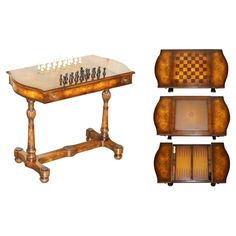 an antique chess set and side table are shown with the pieces inlayed to it