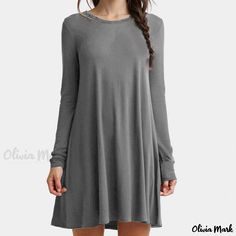 Olivia Mark - Solid Color Long Sleeve Dress Womens Beach Dresses, Loose Mini Dress, Round Neck Casual Dress, Boho Beach Dress, Casual Chique, Female Shorts, Estilo Boho Chic, Women Long Sleeve Dress, Mini Robes