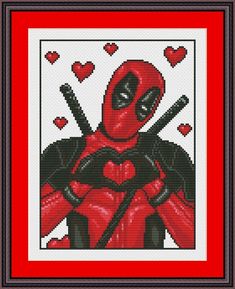 the deadpool cross stitch pattern in red and black with hearts on it's sides