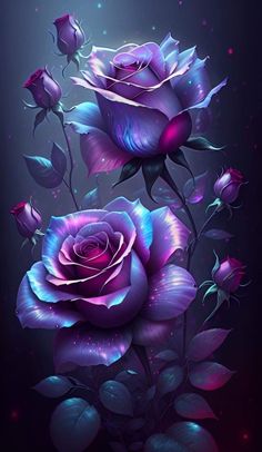 two purple roses with leaves on a dark background, one is pink and the other is blue