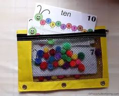 a yellow mesh bag filled with lots of colorful beads next to a sign that says ten