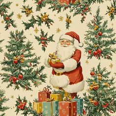 a painting of santa claus with presents in front of a christmas tree and snowflakes