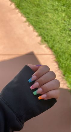 Nails 23 Summer, Nail With Colored Tips, Colorful Frenchies Nails, French Nails With Different Color Tips, French Tip Nails All Colors, Bright French Tips Nails, Nails 2023 Trends Ballerina, Under Color Nails, Colored Frenchies Nails