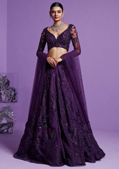 Parul Gandhi-Purple Stellar Lehenga Set-INDIASPOPUP.COM Botas Outfit, Indian Bridal Couture, Indian Bridal Wear, Embroidered Dupatta