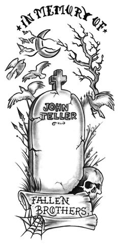 an ink drawing of a grave with a skull and cross on it, in the middle of