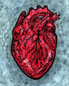 a drawing of a human heart with words written on the inside and outside of it