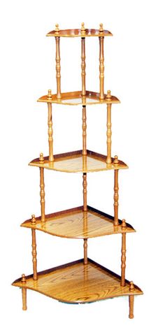 a three tiered wooden shelf with candles on the bottom and two shelves below it